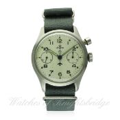 A GENTLEMAN'S STAINLESS STEEL BRITISH MILITARY ROYAL NAVY LEMANIA SINGLE BUTTON CHRONOGRAPH PILOTS