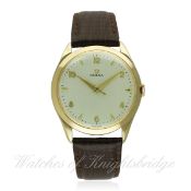 A GENTLEMAN'S LARGE SIZE 14K SOLID GOLD OMEGA WRIST WATCH CIRCA 1951, REF. 2624
D: Silver dial