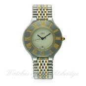 A GENTLEMAN'S STEEL & GOLD CARTIER 21 "JUMBO" BRACELET WATCH CIRCA 1990s D: Silver dial with date