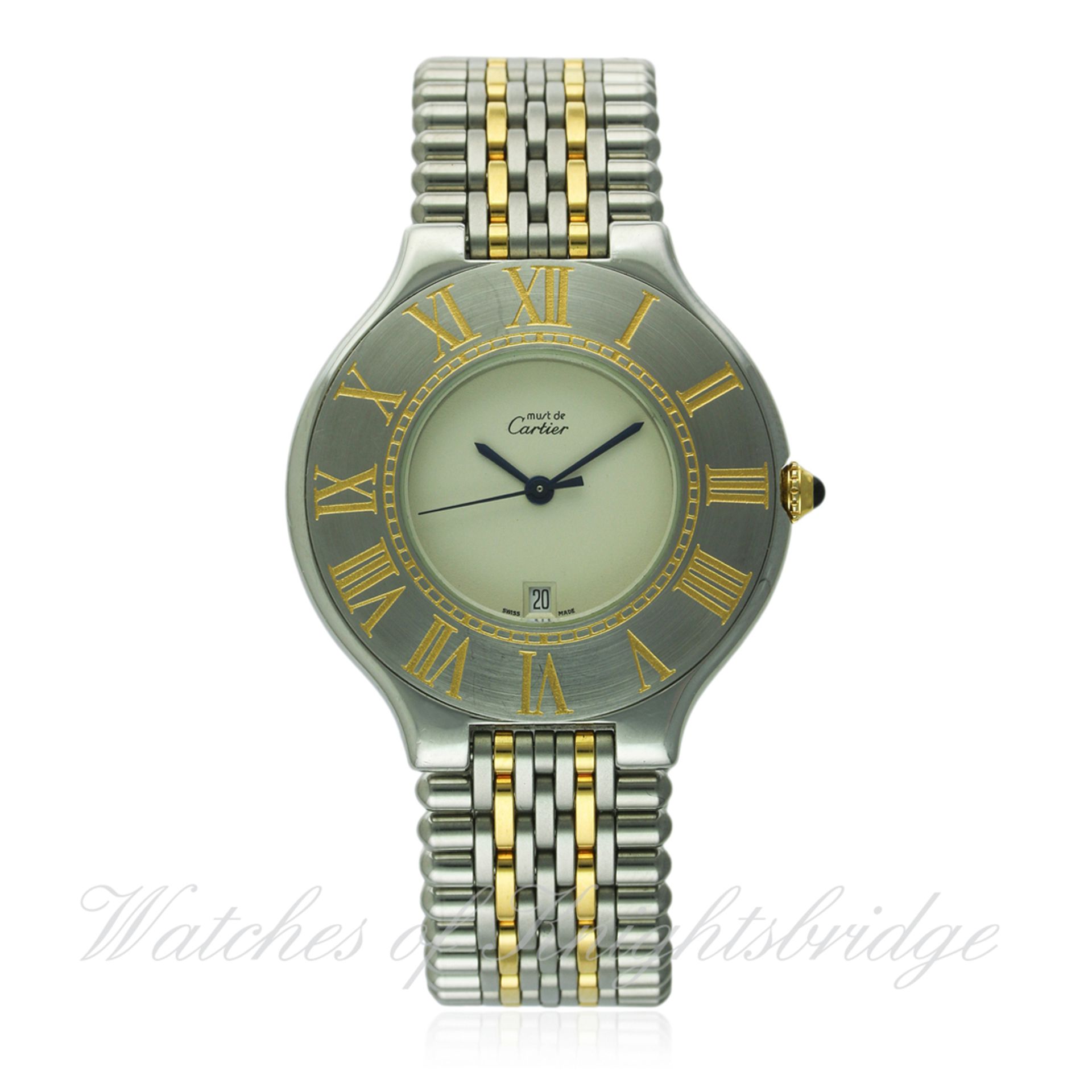 A GENTLEMAN'S STEEL & GOLD CARTIER 21 "JUMBO" BRACELET WATCH CIRCA 1990s D: Silver dial with date