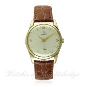 A GENTLEMAN'S 9CT SOLID GOLD OMEGA WRIST WATCH CIRCA 1961, REF. 209667
D: Silver dial with gilt