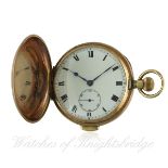 A GENTLEMAN'S 9CT GOLD FULL HUNTER QUARTER REPEATER POCKET WATCH CIRCA 1920s D: White enamel dial