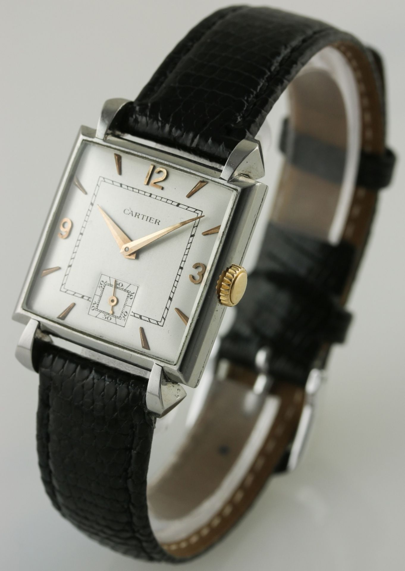 A GENTLEMAN'S STAINLESS STEEL CARTIER WRIST WATCH CIRCA 1950, MADE BY JAEGER-LECOULTRE D: Silver - Image 4 of 8