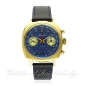 A GENTLEMAN'S GOLD PLATED EXACTUS CHRONOGRAPH WRIST WATCH CIRCA 1970, REF. 1008
D: Blue dial with