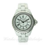 A LADIES MID SIZE WHITE CERAMIC & DIAMOND CHANEL J12 BRACELET WATCH DATED 2007, WITH BOX & PAPERS
D: