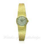 A LADIES 18K SOLID GOLD OMEGA BRACELET WATCH CIRCA 1969, REF. B28321
D: Silver dial with black &