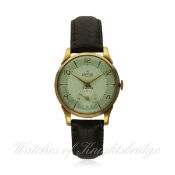 A GENTLEMAN'S 9CT SOLID GOLD SMITHS DE LUXE WRIST WATCH CIRCA 1950s
D: Two tone silver dial with