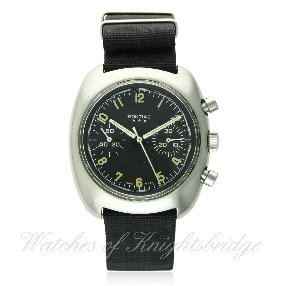 A RARE GENTLEMAN'S STAINLESS STEEL BELGIUM MILITARY PILOTS PONTIAC CHRONOGRAPH WRIST WATCH CIRCA