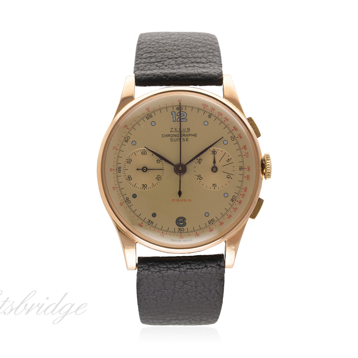 A GENTLEMAN'S 18K SOLID ROSE GOLD CHRONOGRAPHE SUISSE CHRONOGRAPH WRIST WATCH CIRCA 1940s
D: Gold