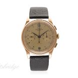 A GENTLEMAN'S 18K SOLID ROSE GOLD CHRONOGRAPHE SUISSE CHRONOGRAPH WRIST WATCH CIRCA 1940s
D: Gold