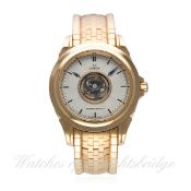 A FINE & RARE GENTLEMAN'S 18K SOLID ROSE GOLD OMEGA CENTRAL TOURBILLON CHRONOMETER BRACELET WATCH