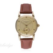 A RARE GENTLEMAN'S 18K SOLID GOLD VACHERON & CONSTANTIN WRIST WATCH CIRCA 1950
D: Silver dial with