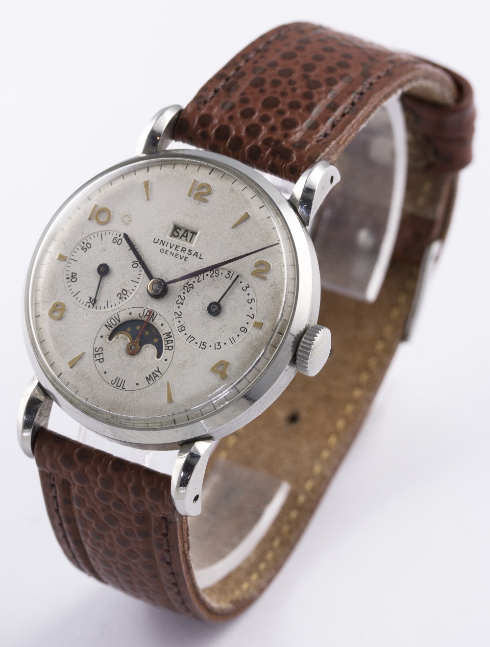 A RARE GENTLEMAN'S STAINLESS STEEL UNIVERSAL GENEVE MOONPHASE TRIPLE CALENDAR WRIST WATCH CIRCA - Image 4 of 8