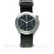 A GENTLEMAN'S STAINLESS STEEL BRITISH MILITARY RAF LEMANIA SINGLE BUTTON CHRONOGRAPH PILOTS WRIST