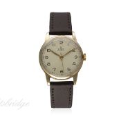 A GENTLEMAN'S 9CT SOLID GOLD ROLEX PRECISION WRIST WATCH CIRCA 1950s
D: Silver dial with Arabic