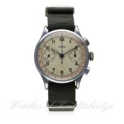 A GENTLEMAN'S LEMANIA CHRONOGRAPH WRIST WATCH CIRCA 1940s
D: Silver dial with luminous Arabic