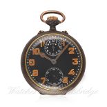 A GENTLEMAN'S GUN METAL ZENITH ALARM POCKET / DESK WATCH CIRCA 1918
D: Black enamel dial with