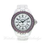 A LADIES LARGE SIZE WHITE CERAMIC & PINK SAPPHIRE CHANEL J12 AUTOMATIC BRACELET WATCH CIRCA 2012