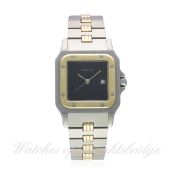 A GENTLEMAN'S STEEL & GOLD CARTIER SANTOS AUTOMATIC BRACELET WATCH CIRCA 1990
D: Black dial with