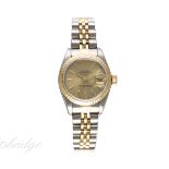 A LADIES STEEL & GOLD ROLEX OYSTER PERPETUAL DATEJUST BRACELET WATCH DATED 1999, REF. 69173 WITH