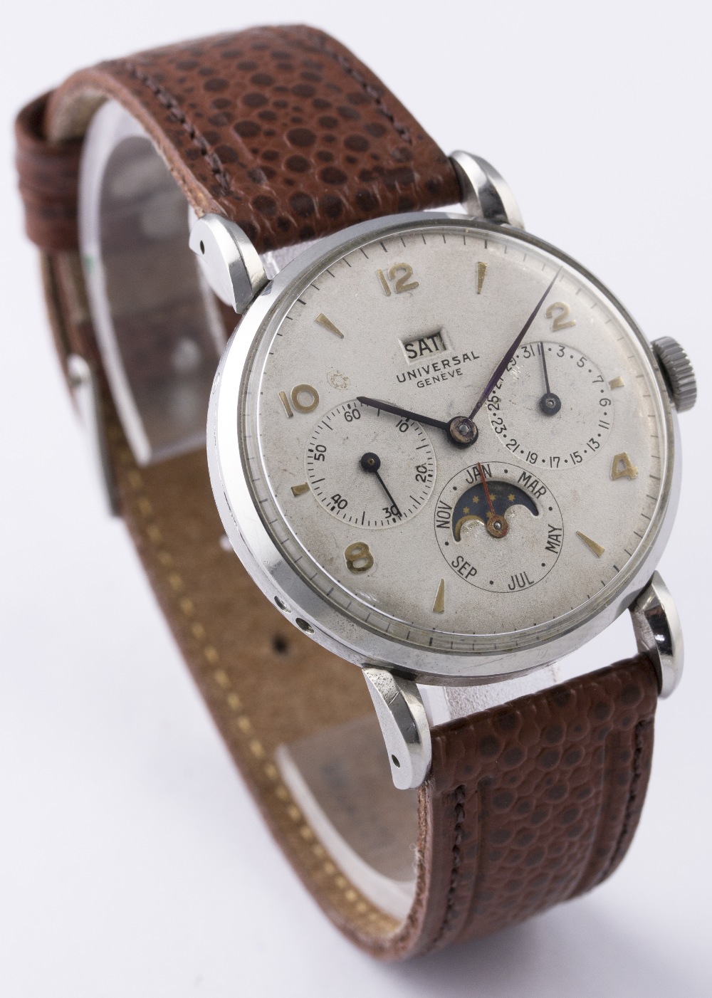 A RARE GENTLEMAN'S STAINLESS STEEL UNIVERSAL GENEVE MOONPHASE TRIPLE CALENDAR WRIST WATCH CIRCA - Image 5 of 8