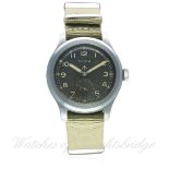 A GENTLEMAN'S STAINLESS STEEL BRITISH MILITARY W.W.W. CYMA WRIST WATCH CIRCA 1940s
D: Black dial