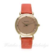 A GENTLEMAN'S LARGE SIZE 18K SOLID GOLD JAEGER LECOULTRE WRIST WATCH CIRCA 1950s 
D: Salmon pink