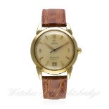 A GENTLEMAN'S 18K SOLID GOLD OMEGA SEAMASTER CALENDAR WRIST WATCH CIRCA 1950, REF. 2627 SC
D: Silver