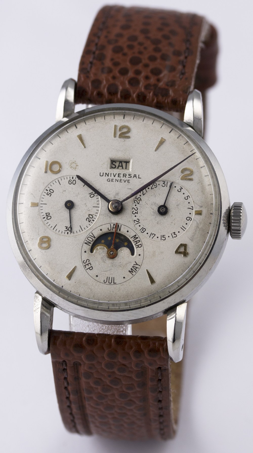 A RARE GENTLEMAN'S STAINLESS STEEL UNIVERSAL GENEVE MOONPHASE TRIPLE CALENDAR WRIST WATCH CIRCA - Image 2 of 8