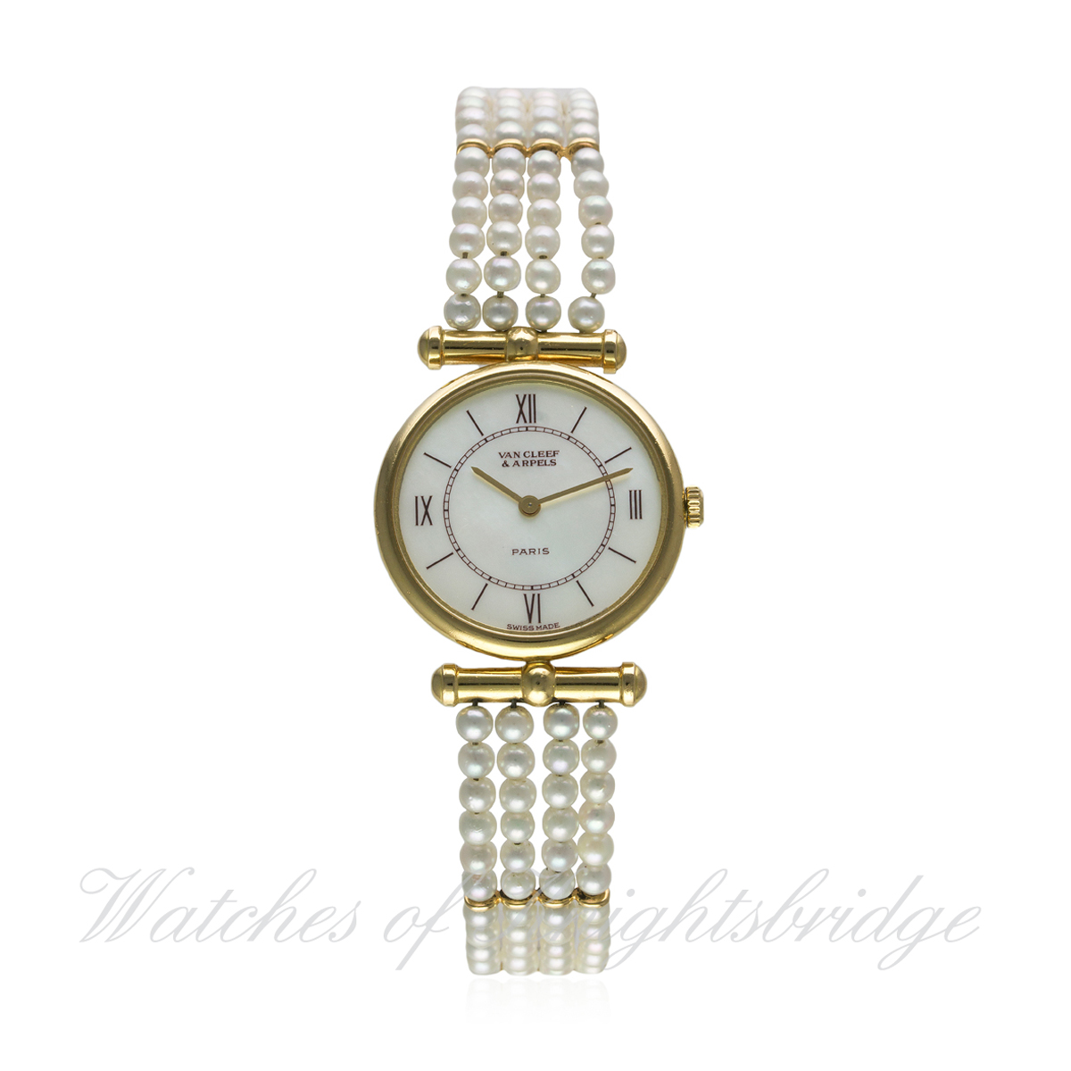 A FINE & RARE LADIES 18K SOLID GOLD AND PEARL VAN CLEEF & ARPELS PARIS BRACELET WATCH CIRCA 1990s,