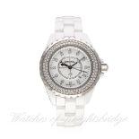 A LADIES MID SIZE WHITE CERAMIC & DIAMOND CHANEL J12 BRACELET WATCH CIRCA 2008
D: White dial with