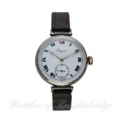 A GENTLEMAN'S SOLID SILVER LONGINES WRIST WATCH CIRCA 1920s
D: White enamel dial with Arabic
