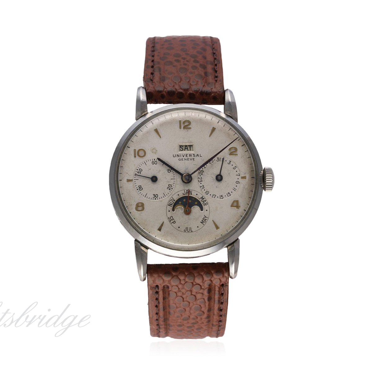 A RARE GENTLEMAN'S STAINLESS STEEL UNIVERSAL GENEVE MOONPHASE TRIPLE CALENDAR WRIST WATCH CIRCA