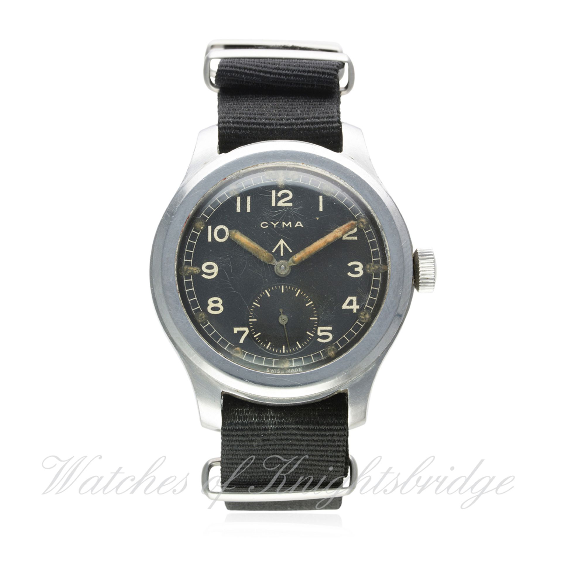 A GENTLEMAN'S STAINLESS STEEL BRITISH MILITARY W.W.W. CYMA WRIST WATCH CIRCA 1940s 
D: Black dial