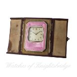 A SOLID SILVER & PINK ENAMEL DESK / TRAVEL CLOCK CIRCA 1930s, REF. 54234 IN ORIGINAL FORTNAM &