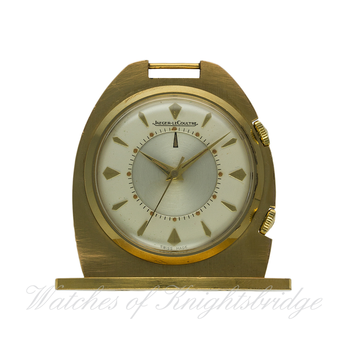 A GILT METAL JAEGER LECOULTRE ALARM TRAVEL / POCKET WATCH CIRCA 1960s
D: Two piece silver dial