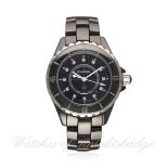 A LADIES MID SIZE BLACK CERAMIC & DIAMOND CHANEL J12 BRACELET WATCH CIRCA 2008
D: Black dial with