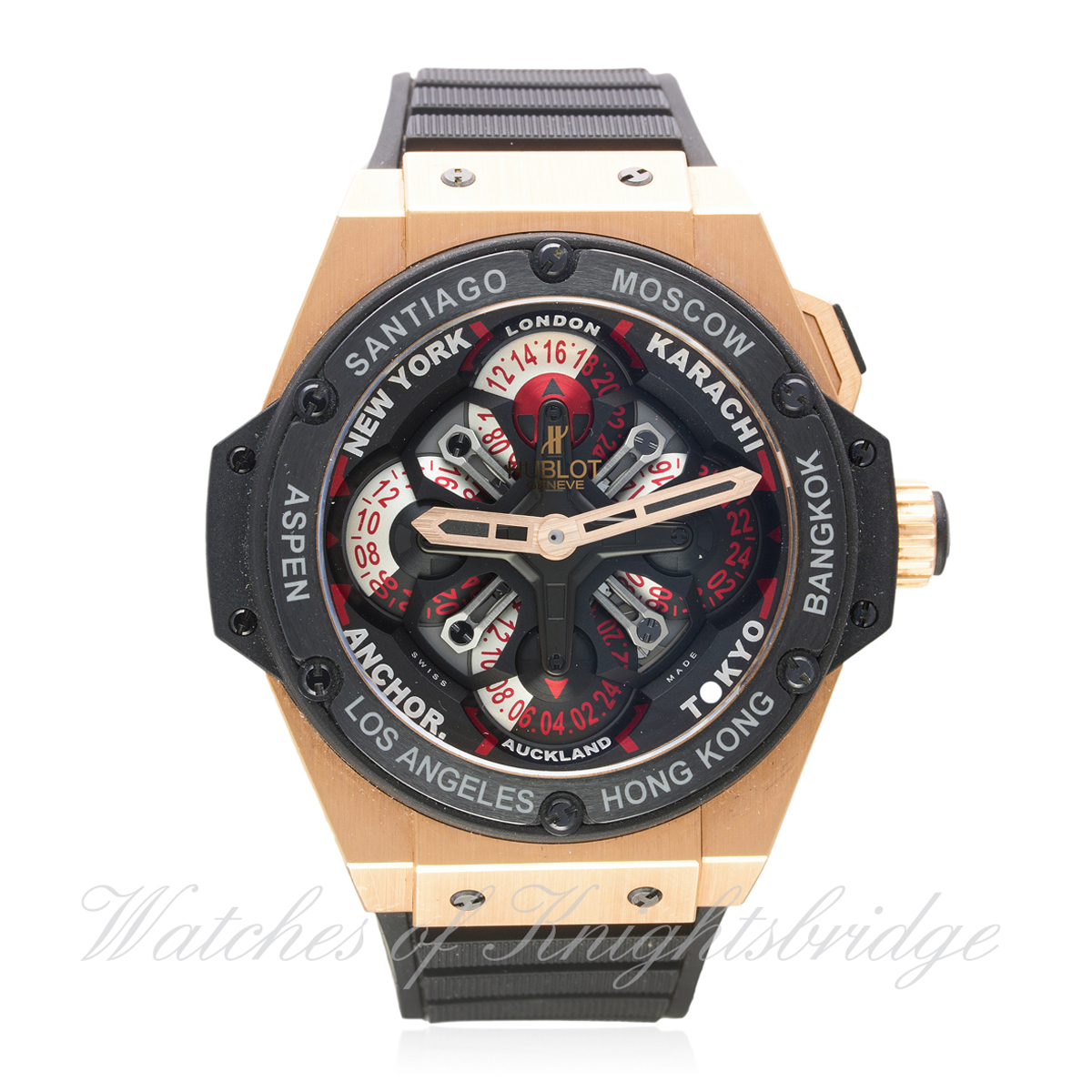 A GENTLEMAN'S SOLID ROSE GOLD & CERAMIC HUBLOT KING POWER UNICO GMT CHRONOGRAPH WRIST WATCH CIRCA