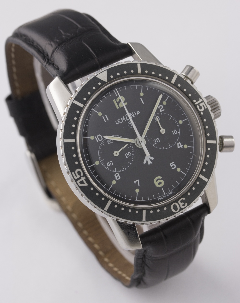 A RARE GENTLEMAN'S STAINLESS STEEL SOUTH AFRICAN AIR FORCE LEMANIA PILOTS MILITARY CHRONOGRAPH WRIST - Image 5 of 8