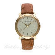 A GENTLEMAN'S LARGE SIZE 18K SOLID PINK GOLD IWC WRIST WATCH CIRCA 1950s
D: Silver dial with gilt