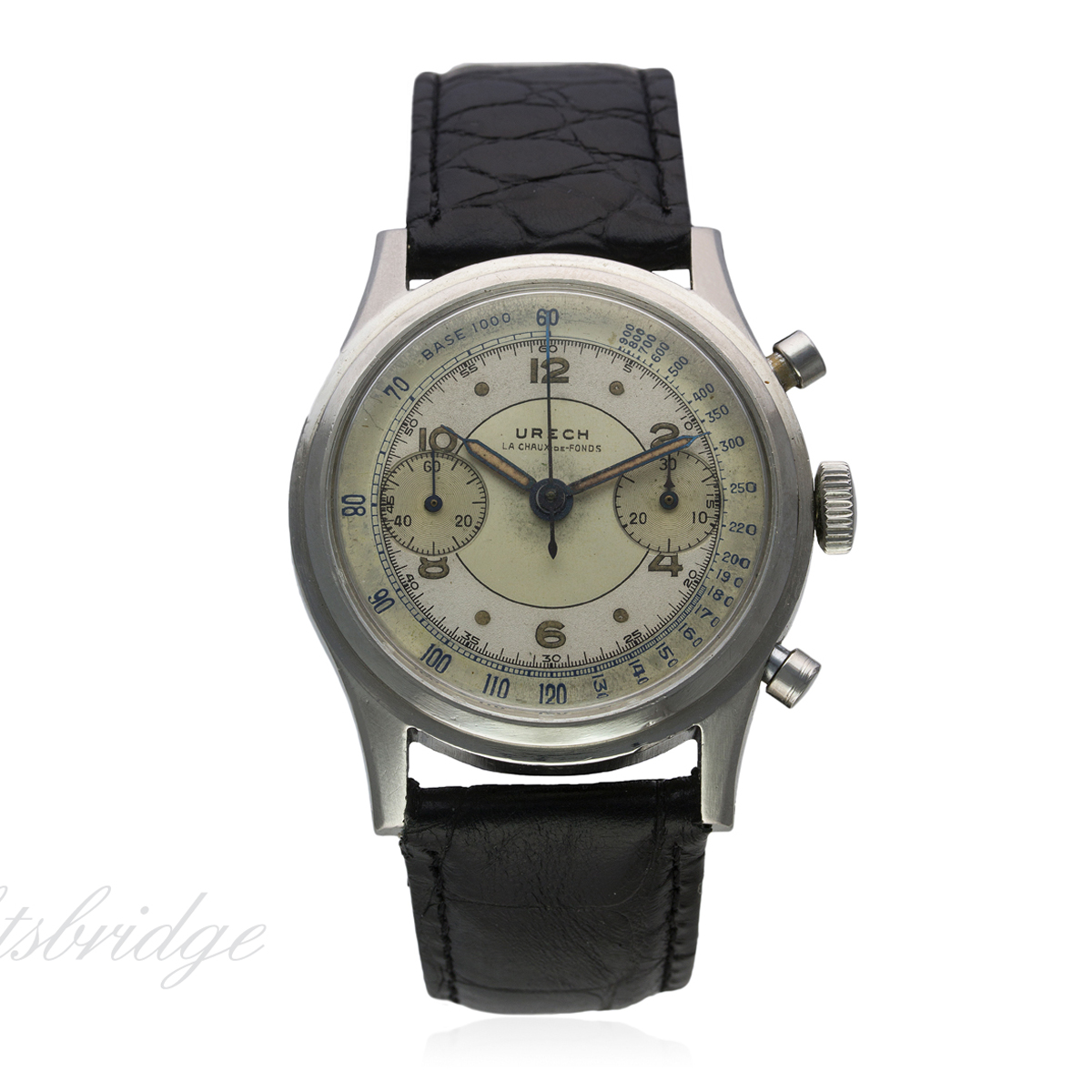 A GENTLEMAN'S STAINLESS STEEL URECH CHRONOGRAPH WRIST WATCH CIRCA 1950
D: Silver two tone dial