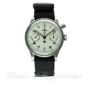 A GENTLEMAN'S STAINLESS STEEL BRITISH MILITARY LEMANIA SINGLE BUTTON CHRONOGRAPH PILOTS WRIST