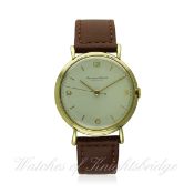 A GENTLEMAN'S 18K SOLID GOLD IWC WRIST WATCH CIRCA 1950s
D: Silver dial with gilt Arabic