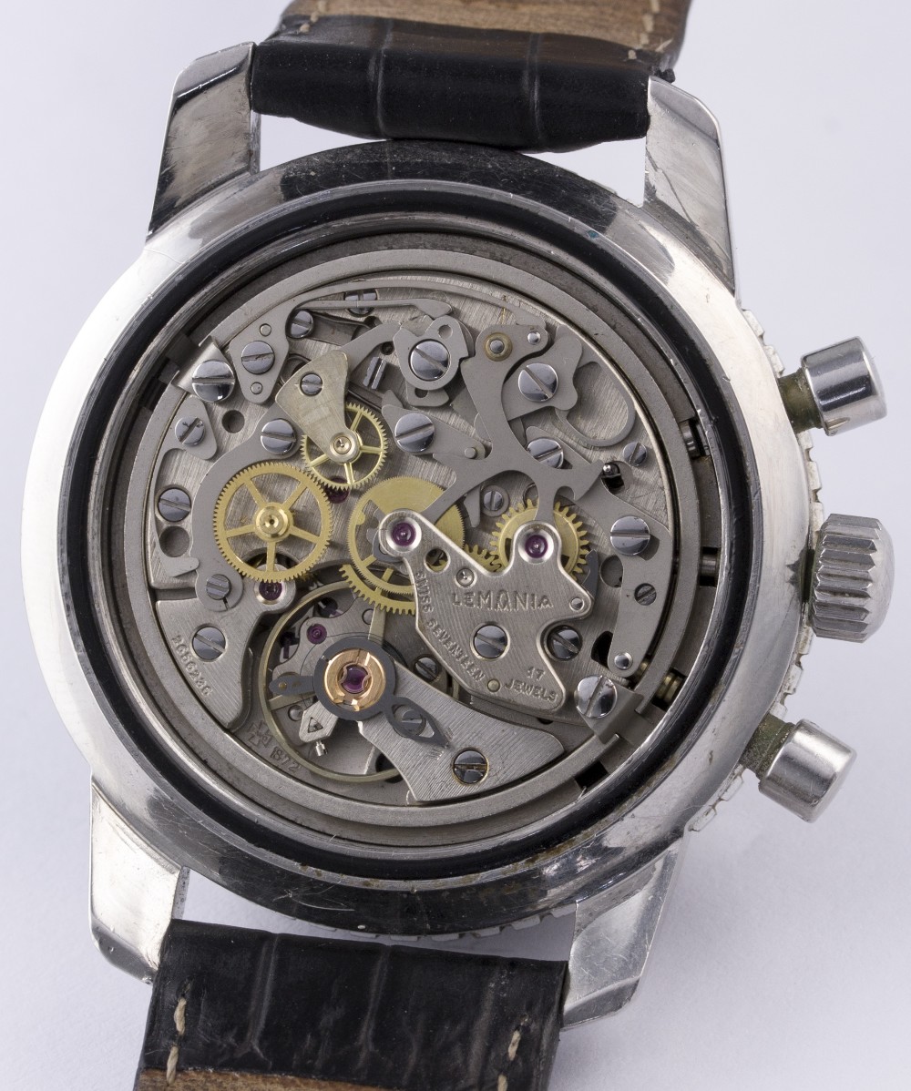 A RARE GENTLEMAN'S STAINLESS STEEL SOUTH AFRICAN AIR FORCE LEMANIA PILOTS MILITARY CHRONOGRAPH WRIST - Image 7 of 8
