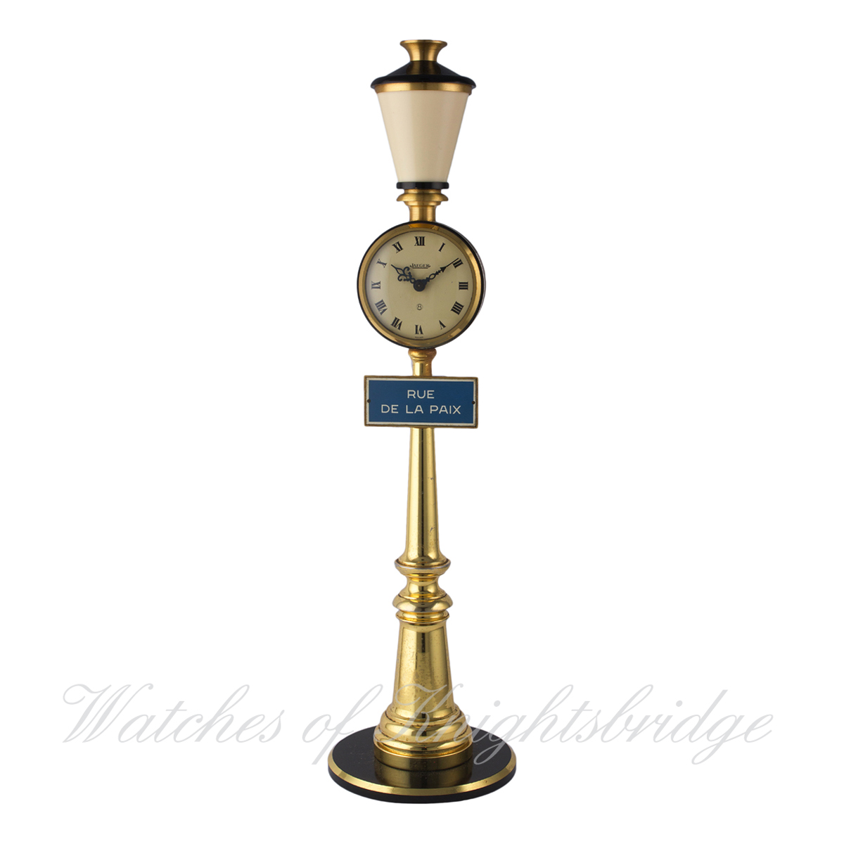 A JAEGER 8 DAY ALARM RUE DE LA PAIX "STREET LAMP" DESK CLOCK CIRCA 1960s
D: Ivory colour dial with