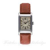 A RARE GENTLEMAN'S STAINLESS STEEL JAEGER LECOULTRE WATERPROOF WRIST WATCH CIRCA 1940
D: Silver dial