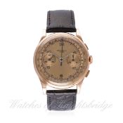A GENTLEMAN'S 18K SOLID ROSE GOLD CHRONOGRAPHE SUISSE CHRONOGRAPH WRIST WATCH CIRCA 1940s D: Two