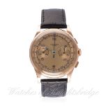 A GENTLEMAN'S 18K SOLID ROSE GOLD CHRONOGRAPHE SUISSE CHRONOGRAPH WRIST WATCH CIRCA 1940s D: Two