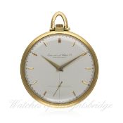 A GENTLEMAN'S 18K SOLID GOLD IWC POCKET WATCH 
CIRCA 1950
D: Silver dial with gilt batons and