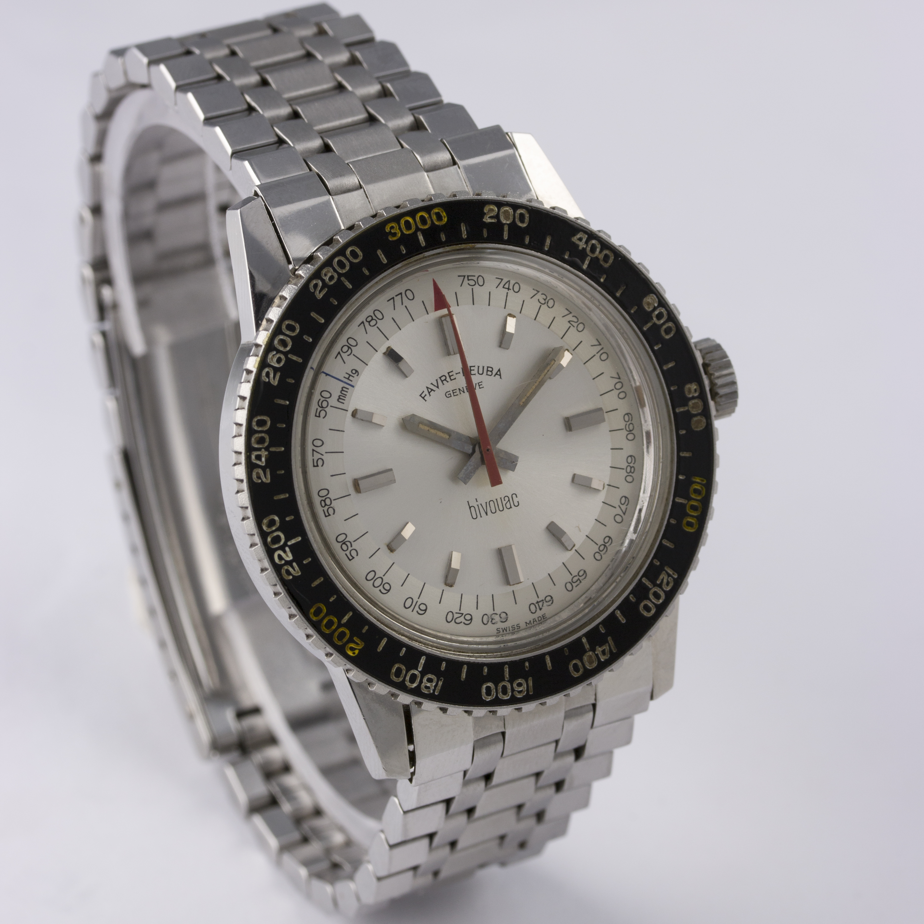 A RARE GENTLEMAN'S STAINLESS STEEL FAVRE LEUBA BIVOUAC ALTIMETER BAROMETER BRACELET WATCH CIRCA - Image 6 of 11